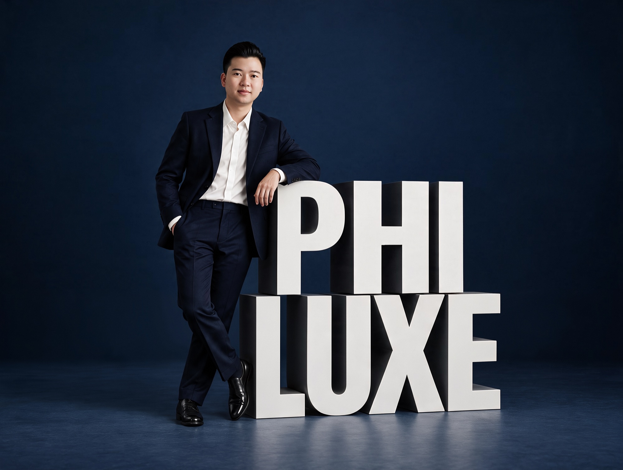 Phi, Gründer von PHI LUXE LASHES®, neben den PHI LUXE Buchstaben